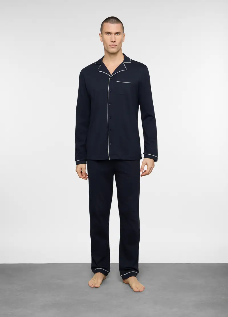 Pigiama Lungo A Camicia In Cotone Uomo, Blu scuro