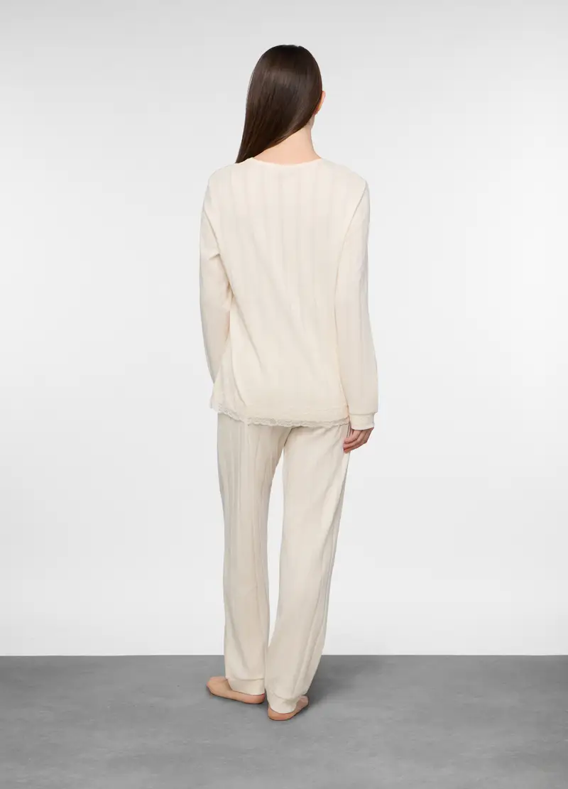 Pigiama Lungo A Coste Misto Cotone Donna, Bianco panna miniatura 2