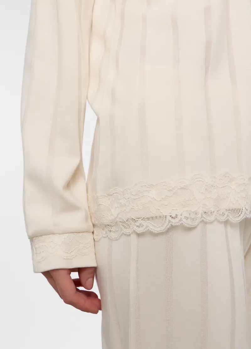 Pigiama Lungo A Coste Misto Cotone Donna, Bianco panna miniatura 3