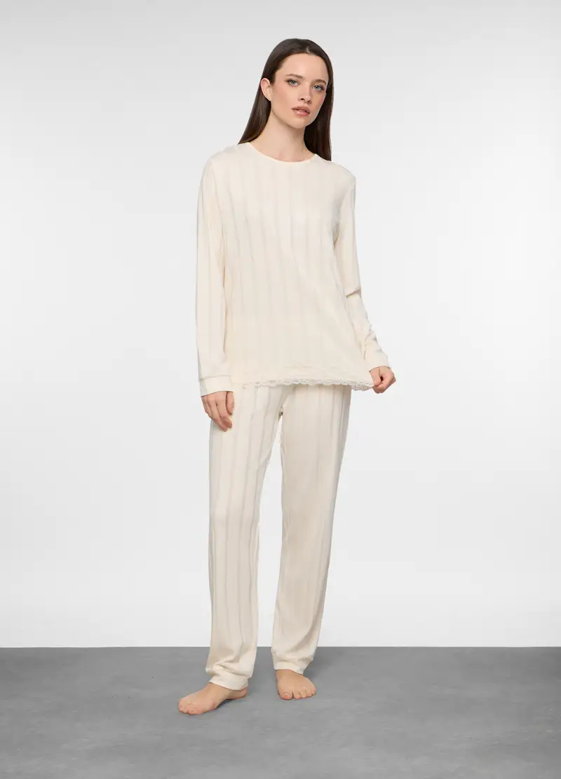 Pigiama Lungo A Coste Misto Cotone Donna, Bianco panna