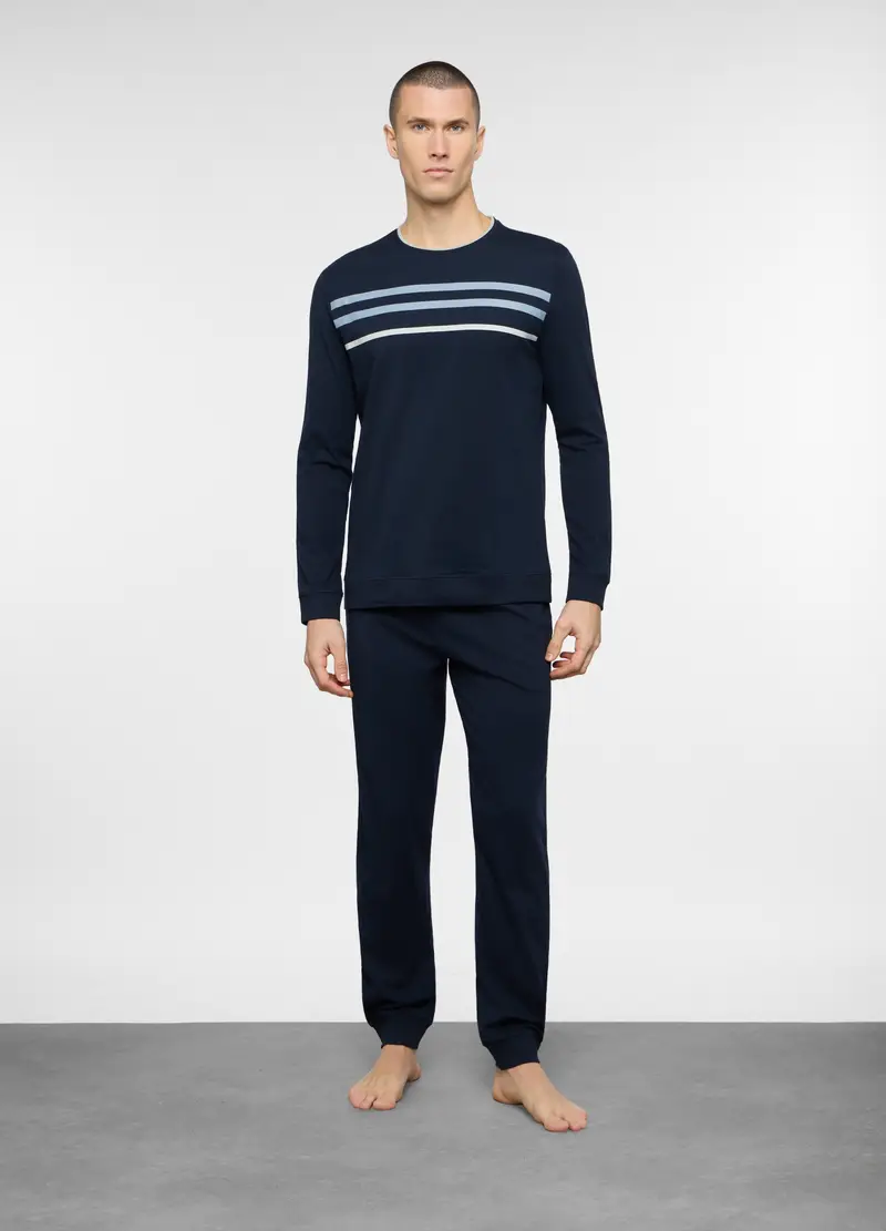 Pigiama Lungo A Girocollo In Cotone Uomo, Blu scuro