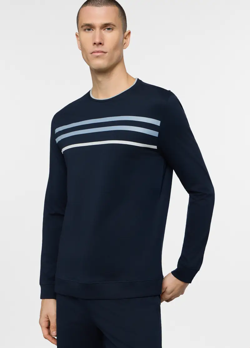 Pigiama Lungo A Girocollo In Cotone Uomo, Blu scuro miniatura 3