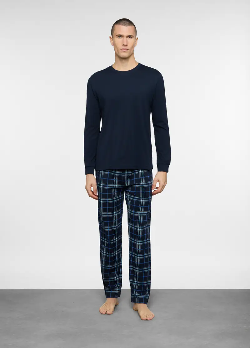 Pigiama Lungo A Scacchi In Cotone Uomo, Blu scuro