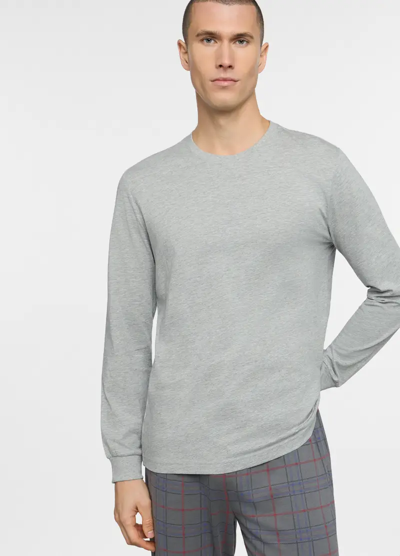 Pigiama Lungo A Scacchi In Cotone Uomo, Grigio melange miniatura 3