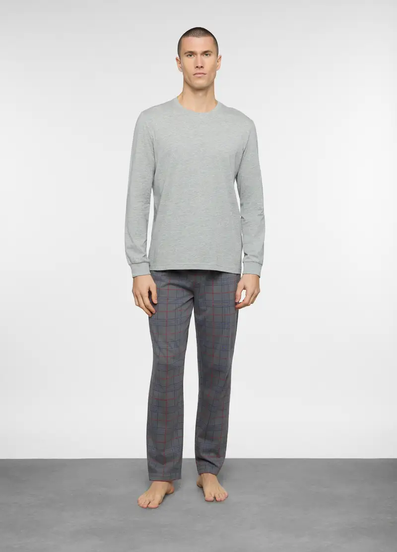 Pigiama Lungo A Scacchi In Cotone Uomo, Grigio melange