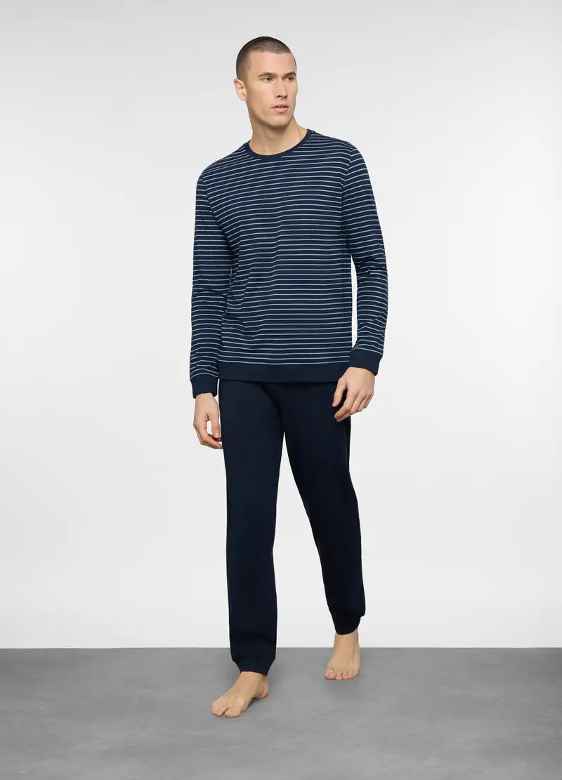 Pigiama Lungo In Cotone A Righe Uomo, Blu scuro