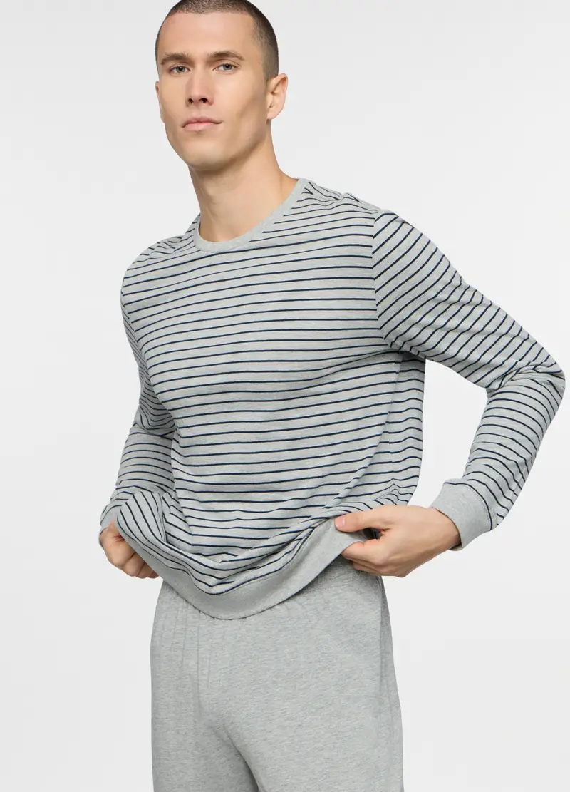 Pigiama Lungo In Cotone A Righe Uomo, Grigio melange miniatura 3