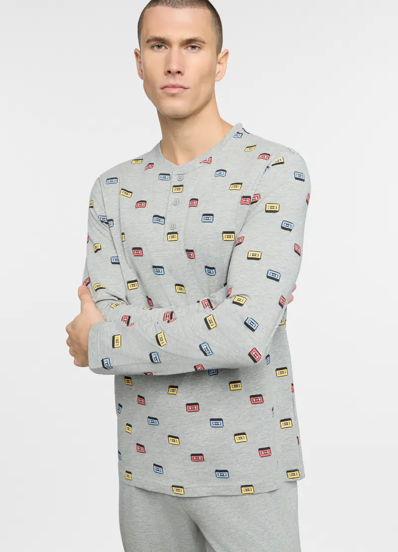 Pigiama Lungo In Cotone Grigio Stampato Uomo, Grigio melange miniatura 3