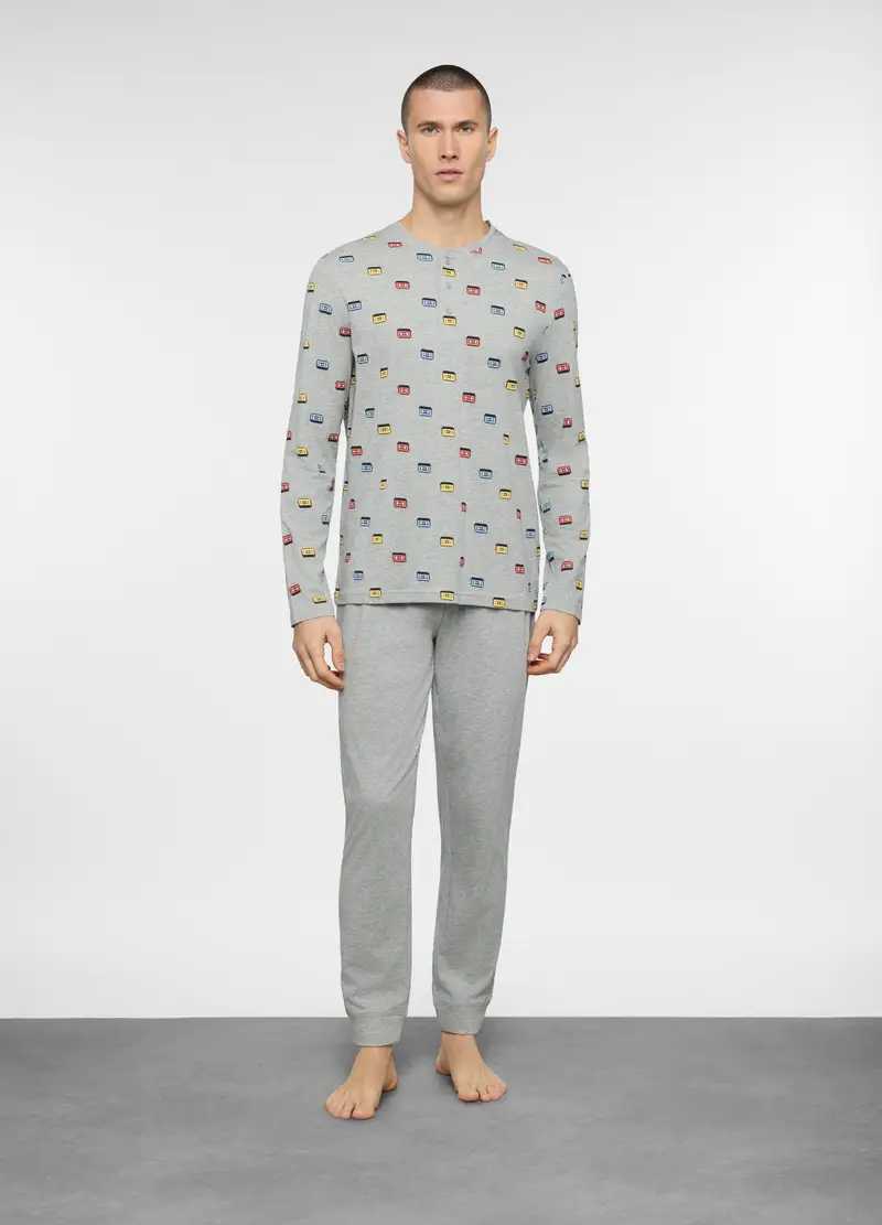 Pigiama Lungo In Cotone Grigio Stampato Uomo, Grigio melange