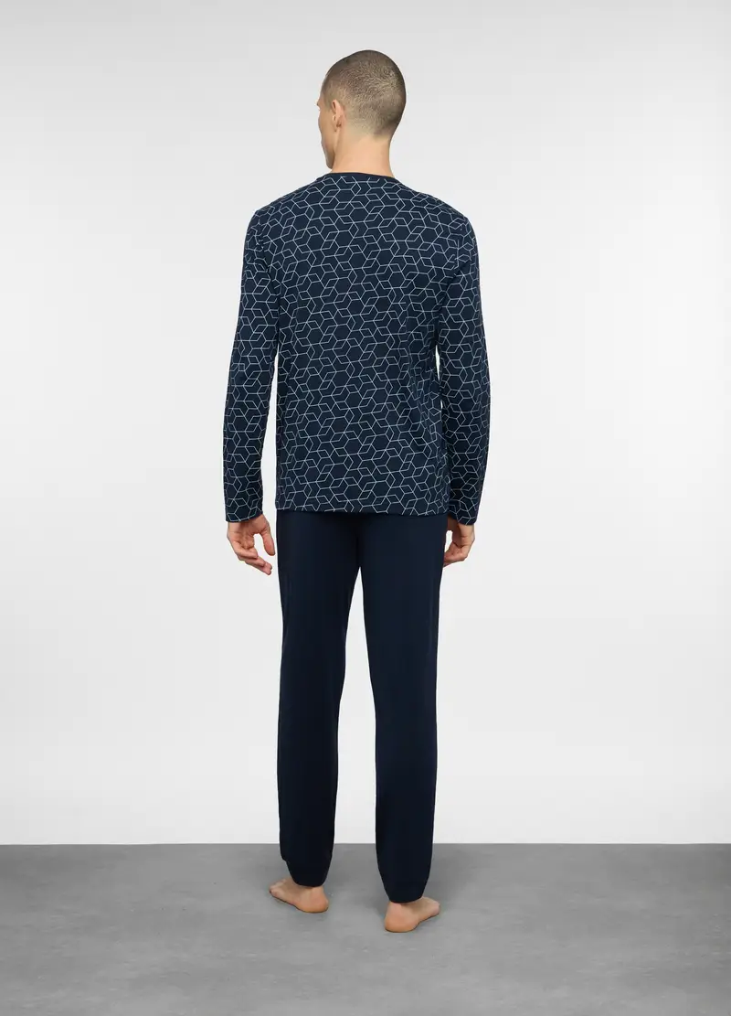 Pigiama Lungo In Misto Cotone A Fantasia Uomo, Blu scuro miniatura 2