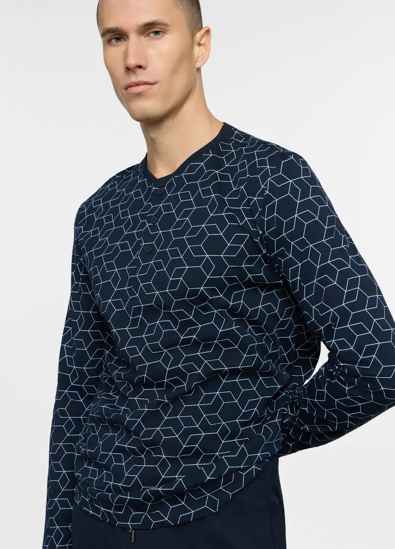 Pigiama Lungo In Misto Cotone A Fantasia Uomo, Blu scuro miniatura 3