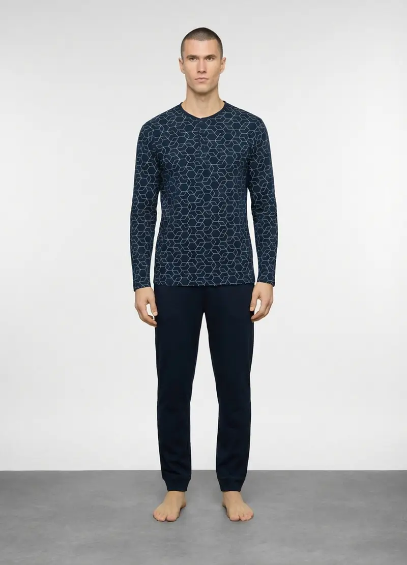 Pigiama Lungo In Misto Cotone A Fantasia Uomo, Blu scuro