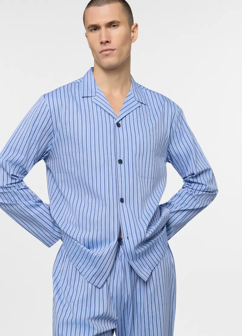 Pigiama Lungo In Tela Di Cotone A Righe Uomo, Azzurro celeste miniatura 3