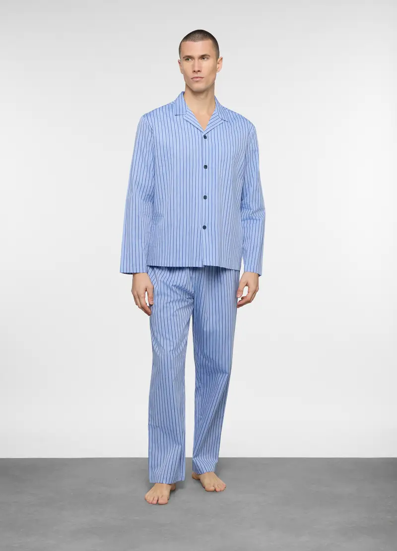 Pigiama Lungo In Tela Di Cotone A Righe Uomo, Azzurro celeste
