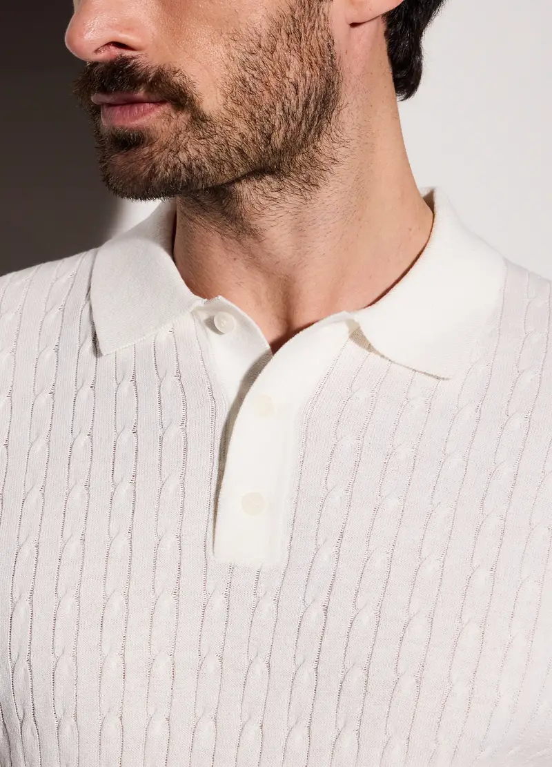 Polo A Maniche Corte In Maglia A Treccia Uomo, Bianco latte miniatura 3