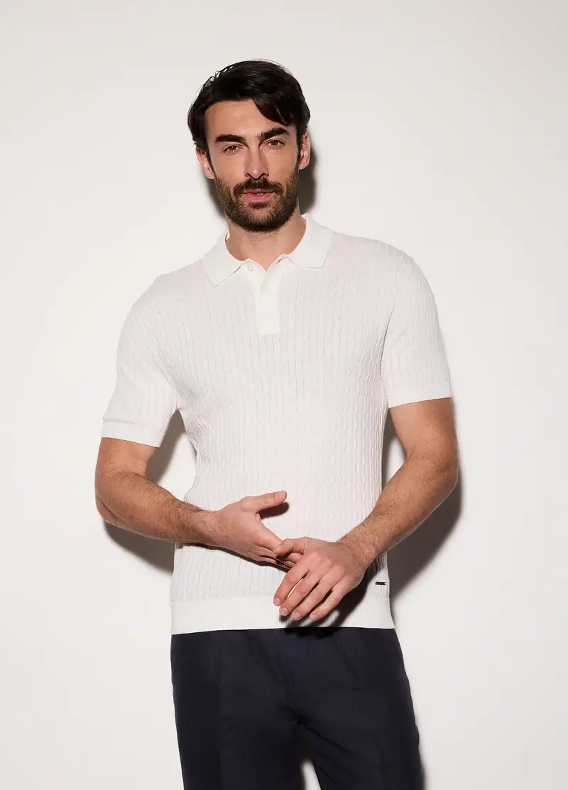 Polo A Maniche Corte In Maglia A Treccia Uomo, Bianco latte