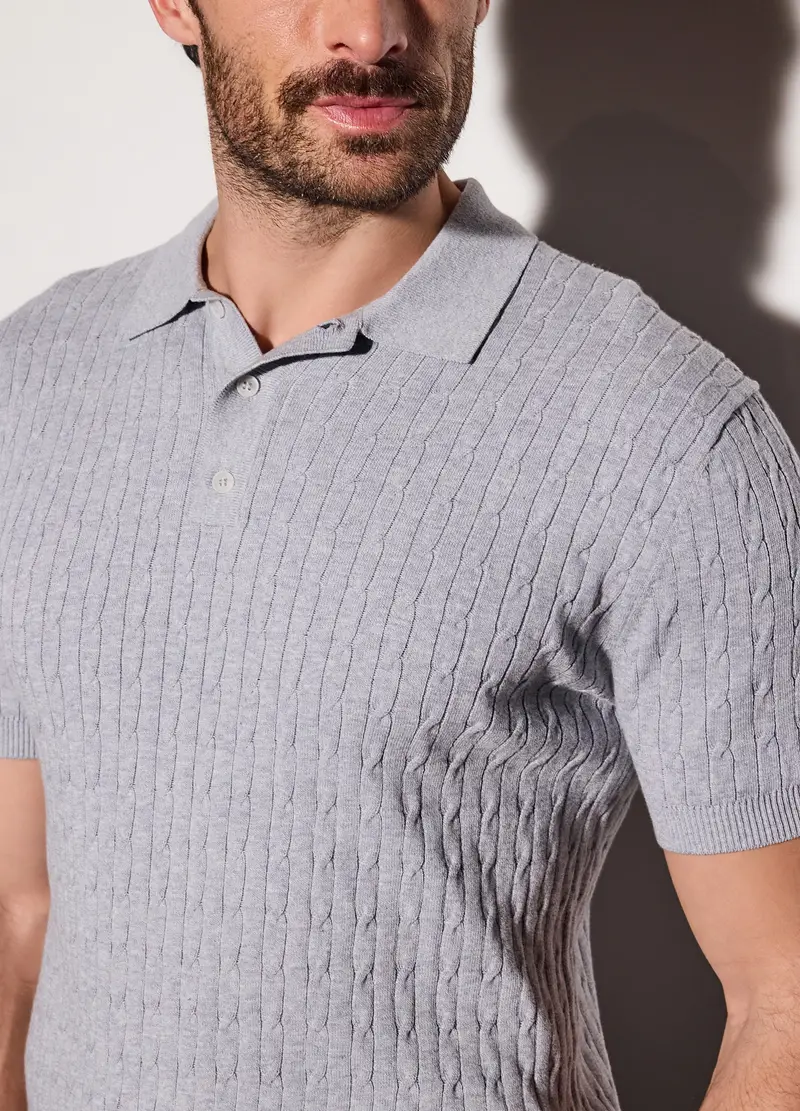 Polo A Maniche Corte In Maglia A Treccia Uomo, Grigio melange miniatura 3