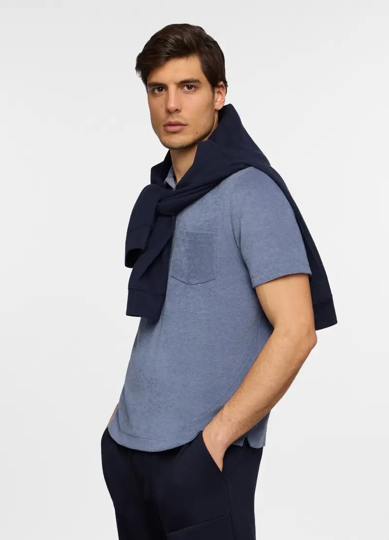 Polo A Maniche Corte In Spugna Di Cotone Uomo, Unisex, Azzurro scuro