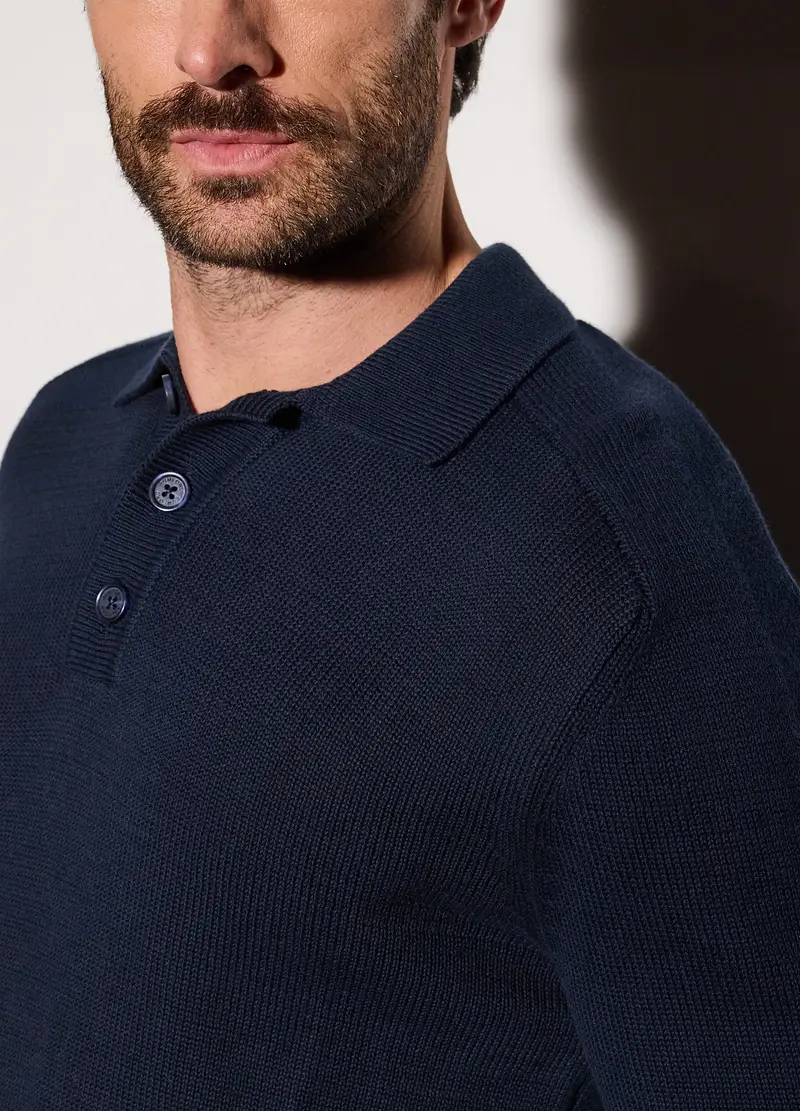 Polo A Maniche Lunghe In Cotone Uomo, Blu scuro miniatura 3