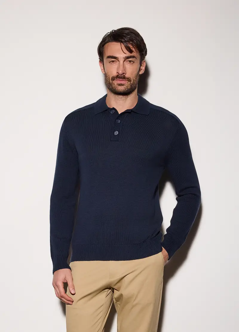 Polo A Maniche Lunghe In Cotone Uomo, Blu scuro