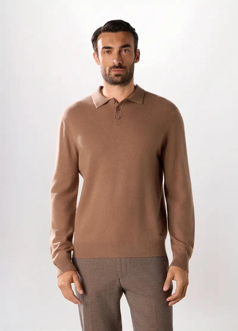 Polo A Maniche Lunghe In Lambswool Uomo, Beige scuro