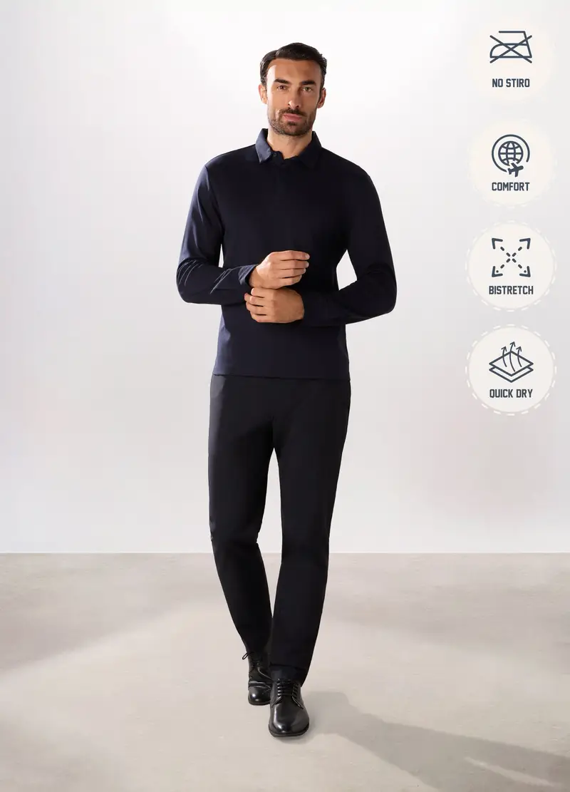 Polo A Maniche Lunghe In Puro Cotone Uomo, Blu scuro