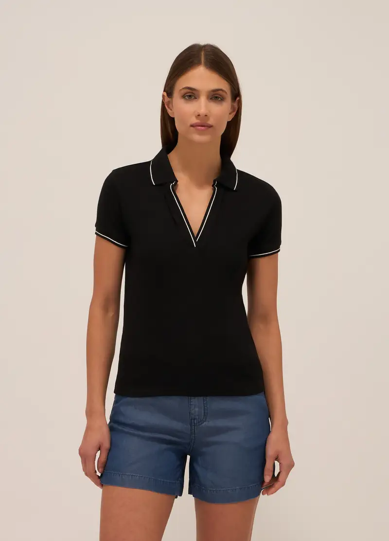 Polo In Costina Di Cotone Stretch Donna, Nero