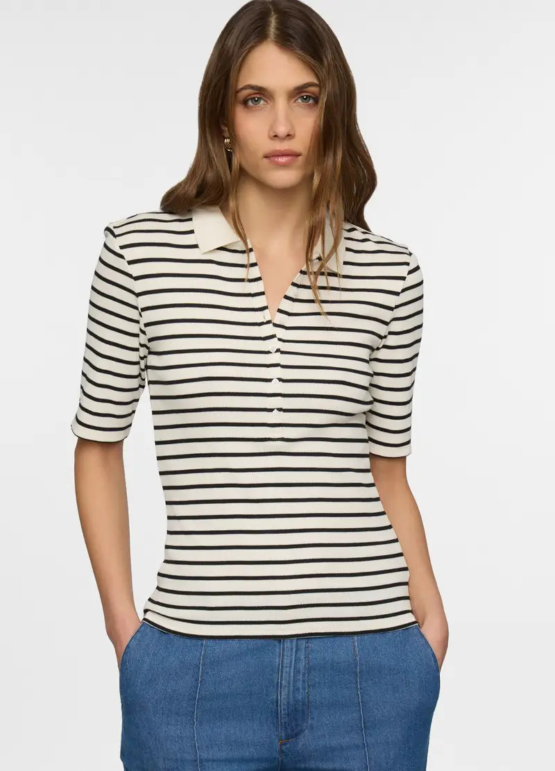 Polo In Costina Stretch Donna, Bianco/Nero