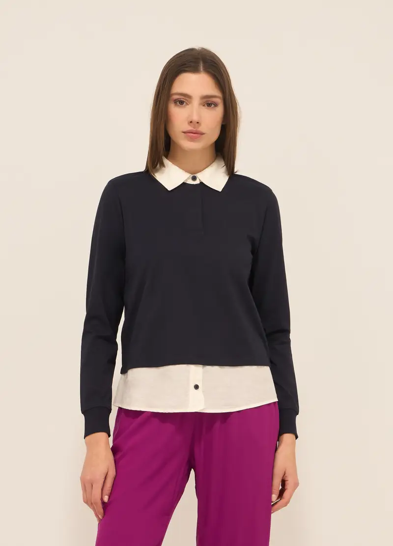 Polo In Jersey Di Puro Cotone Donna, Blu scuro