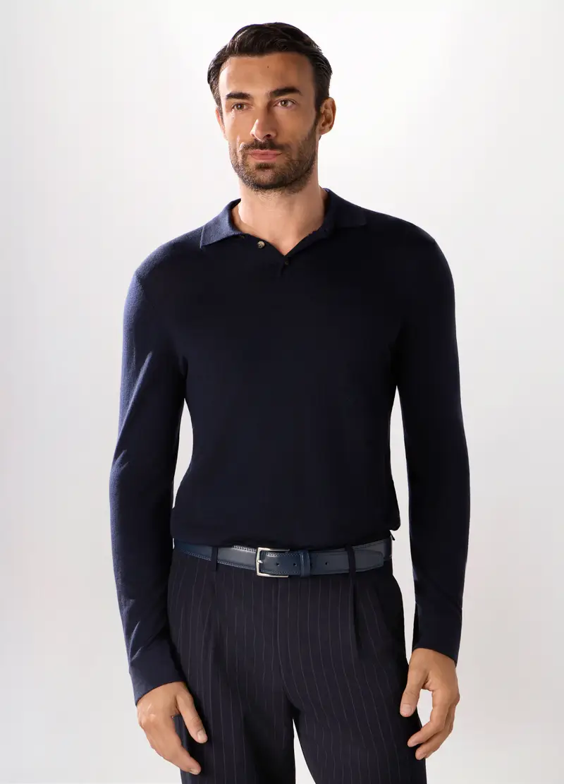 Polo In Maglia Di Lana Merino Uomo, Blu scuro
