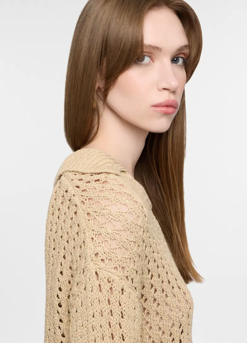 Polo In Maglia Operata Donna, Beige chiaro miniatura 3