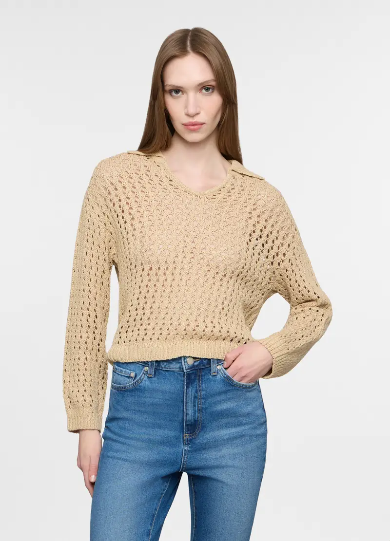 Polo In Maglia Operata Donna, Beige chiaro