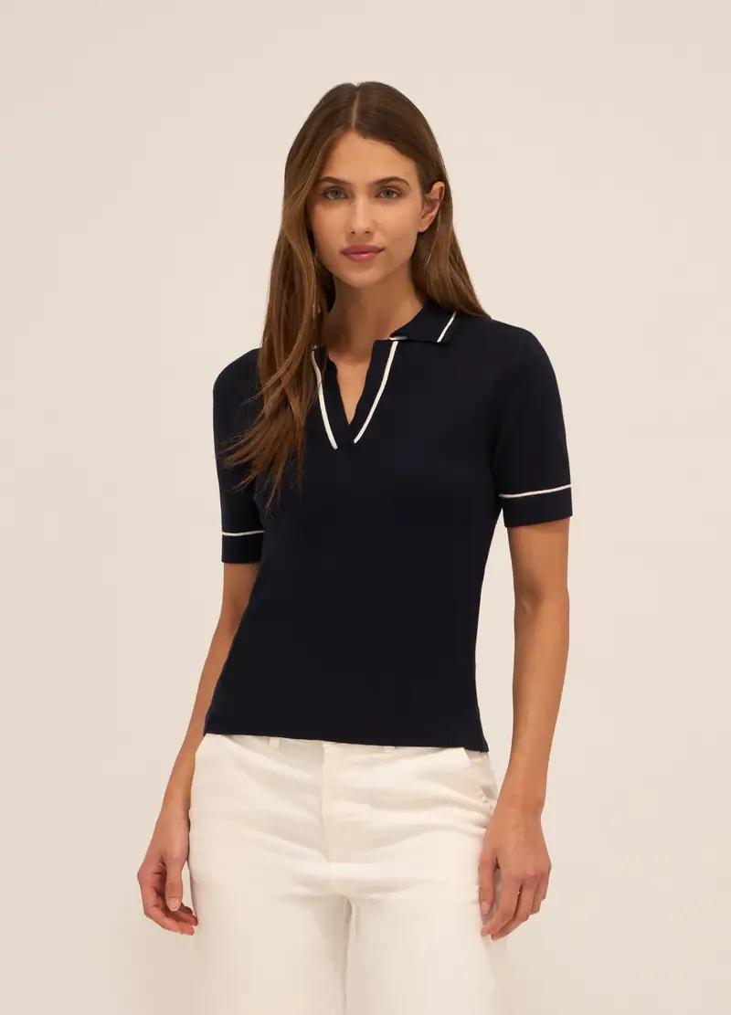 Polo In Tricot Misto Viscosa Donna, Blu navy