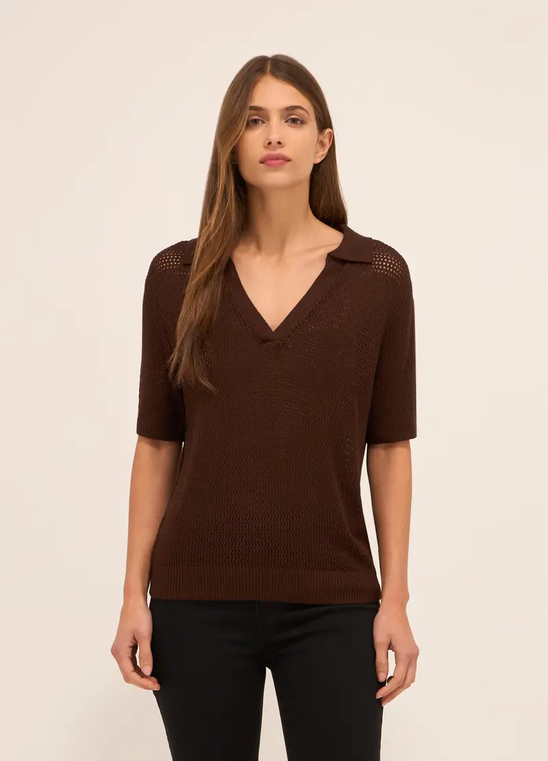 Polo In Tricot Traforata Donna, Marrone cioccolato