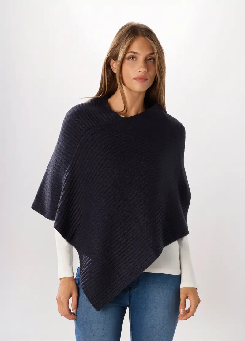 Poncho Tricot Con Lavorazione Jacquard Donna, Blu scuro