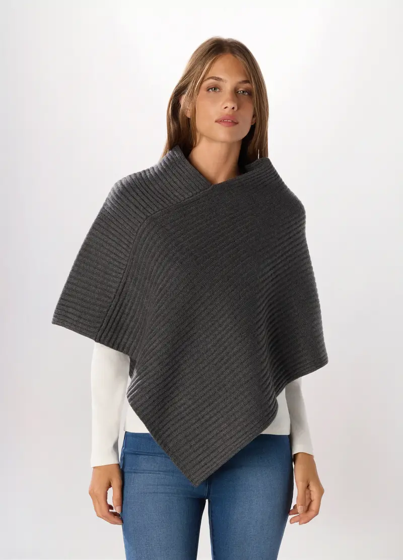 Poncho Tricot Con Lavorazione Jacquard Donna, Grigio scuro