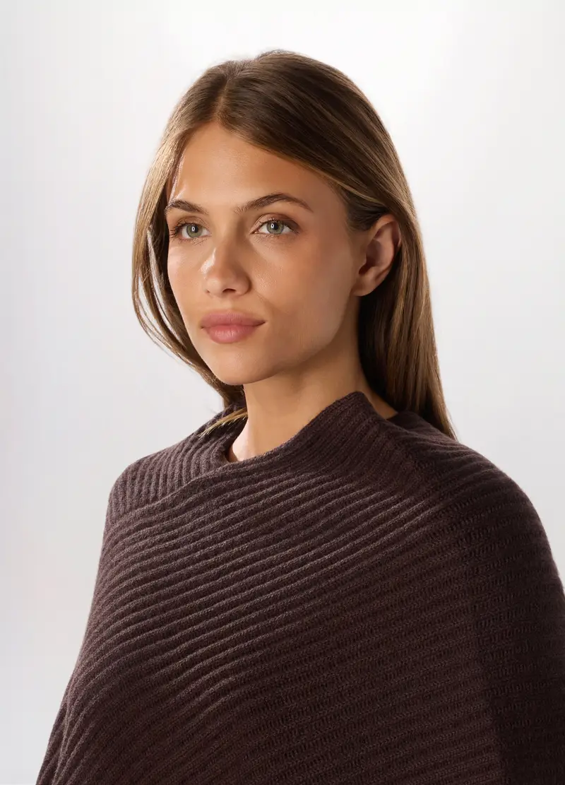 Poncho Tricot Con Lavorazione Jacquard Donna, Marrone scuro miniatura 3