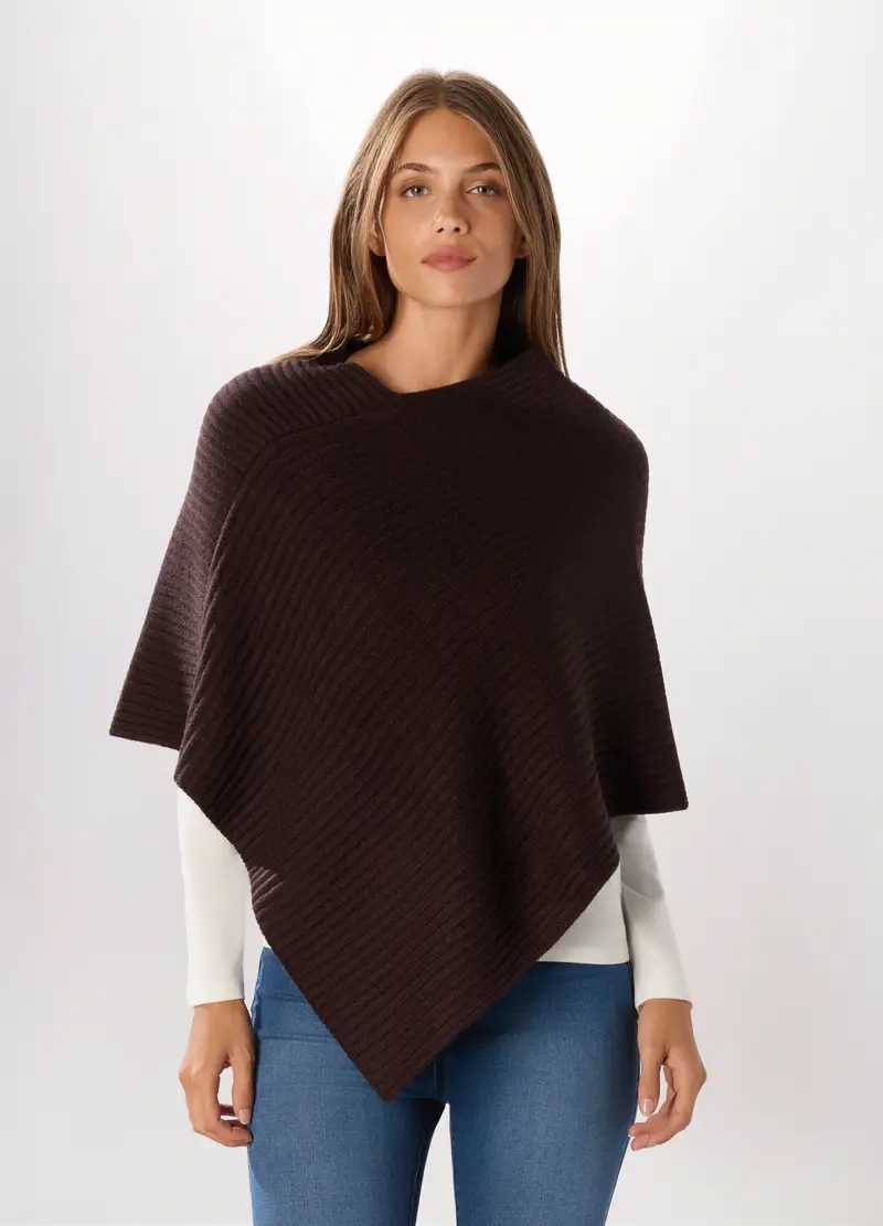 Poncho Tricot Con Lavorazione Jacquard Donna, Marrone scuro