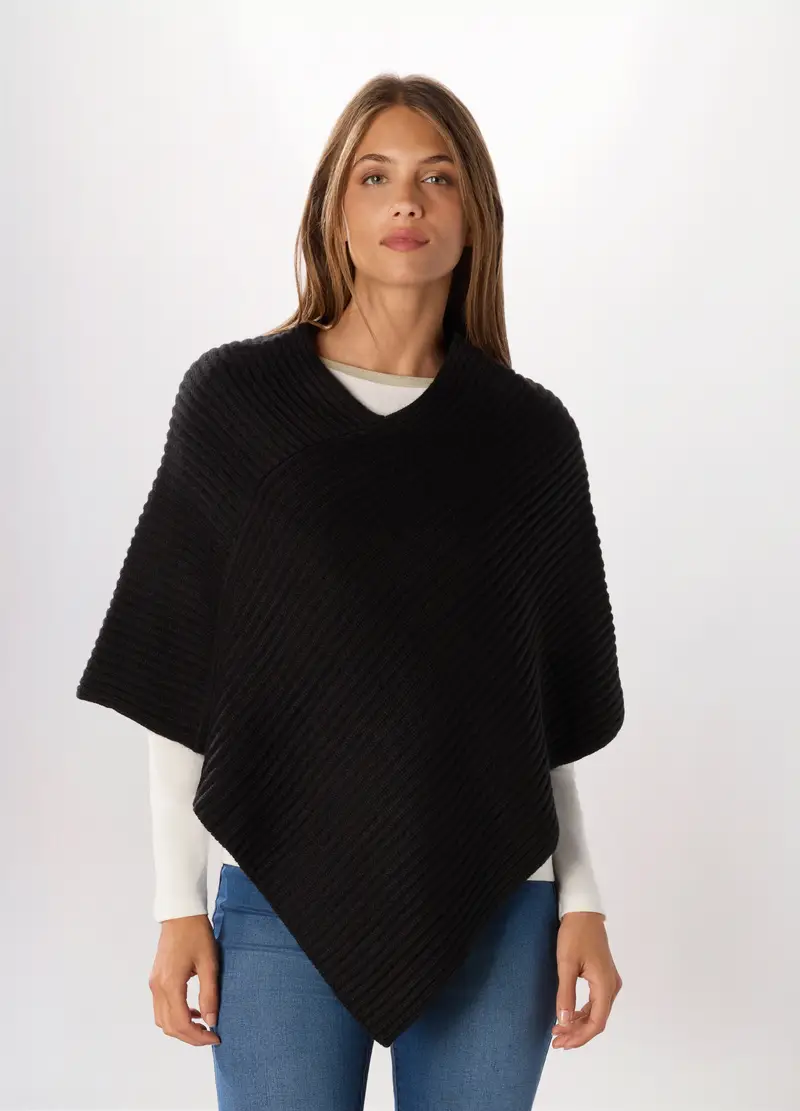 Poncho Tricot Con Lavorazione Jacquard Donna, Nero