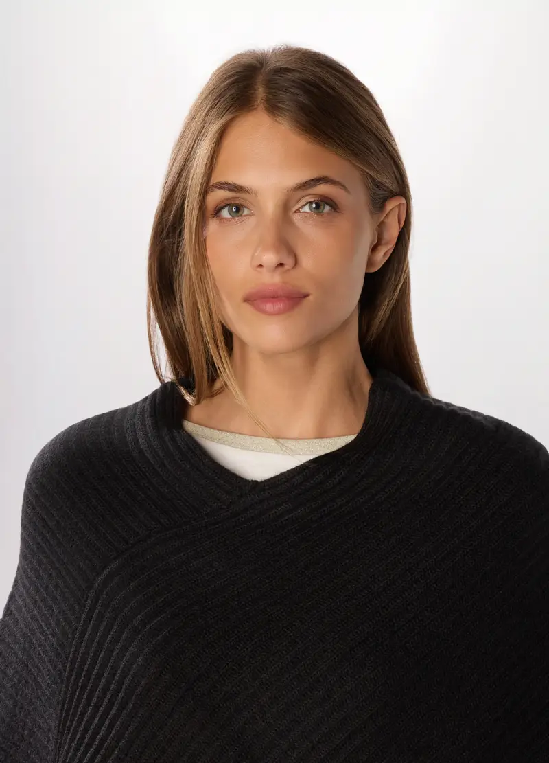 Poncho Tricot Con Lavorazione Jacquard Donna, Nero miniatura 3