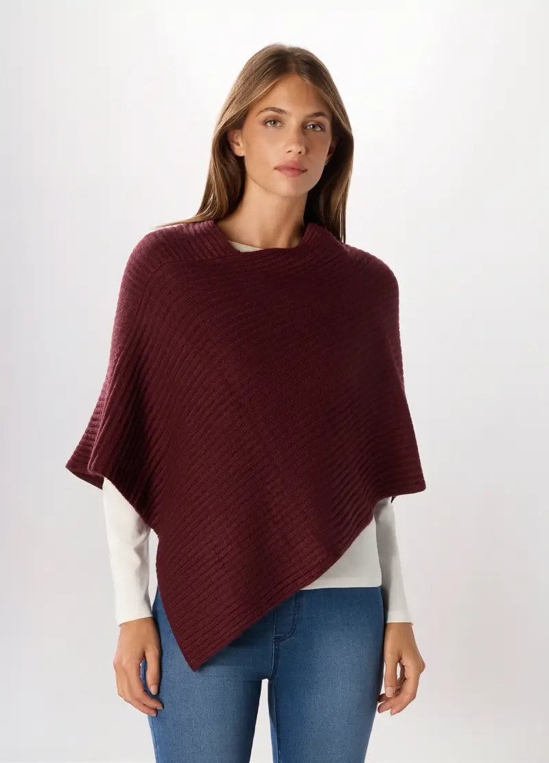 Poncho Tricot Con Lavorazione Jacquard Donna, Rosso scuro