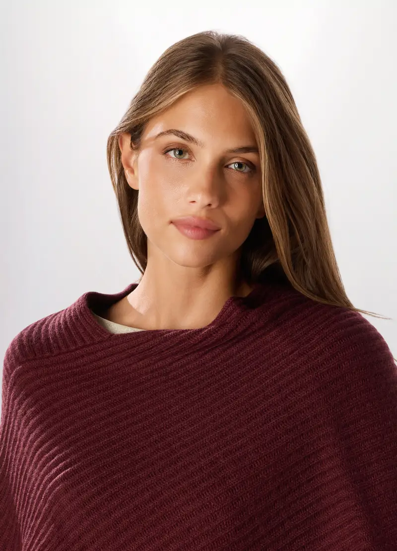 Poncho Tricot Con Lavorazione Jacquard Donna, Rosso scuro miniatura 3