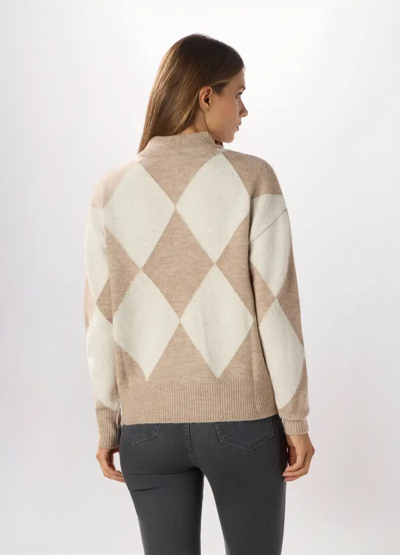 , Pullover A Quadri Donna, Beige scuro miniatura 2