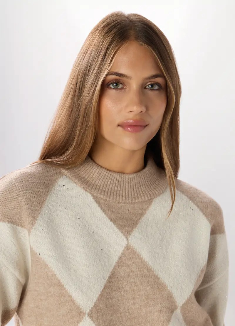 , Pullover A Quadri Donna, Beige scuro miniatura 3