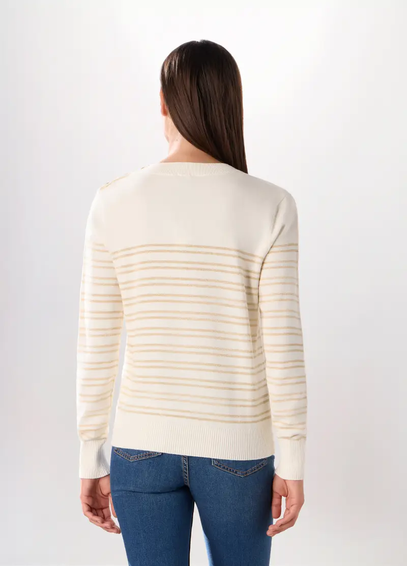 Pullover A Righe Misto Cotone Donna, Bianco/Marrone miniatura 2