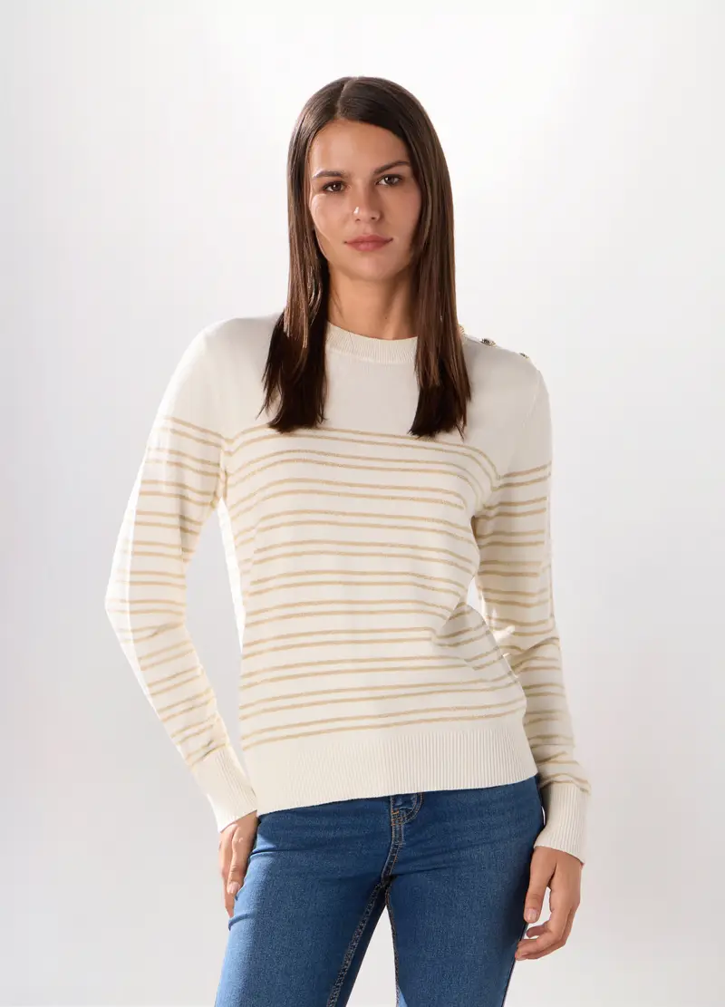 Pullover A Righe Misto Cotone Donna, Bianco/Marrone