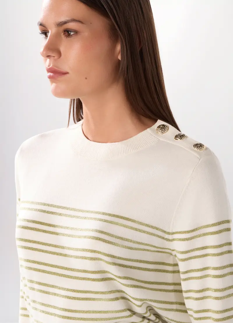 , Pullover A Righe Misto Cotone Donna, Bianco/Verde miniatura 3