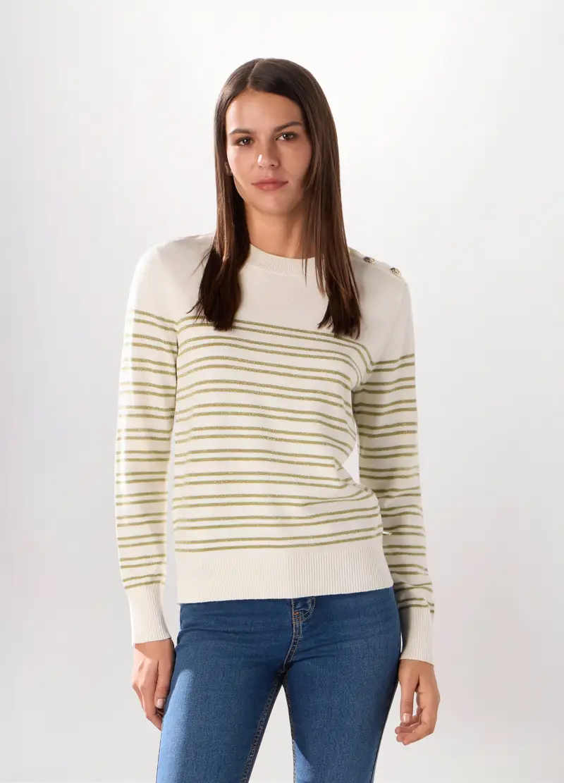 Pullover A Righe Misto Cotone Donna, Bianco/Verde