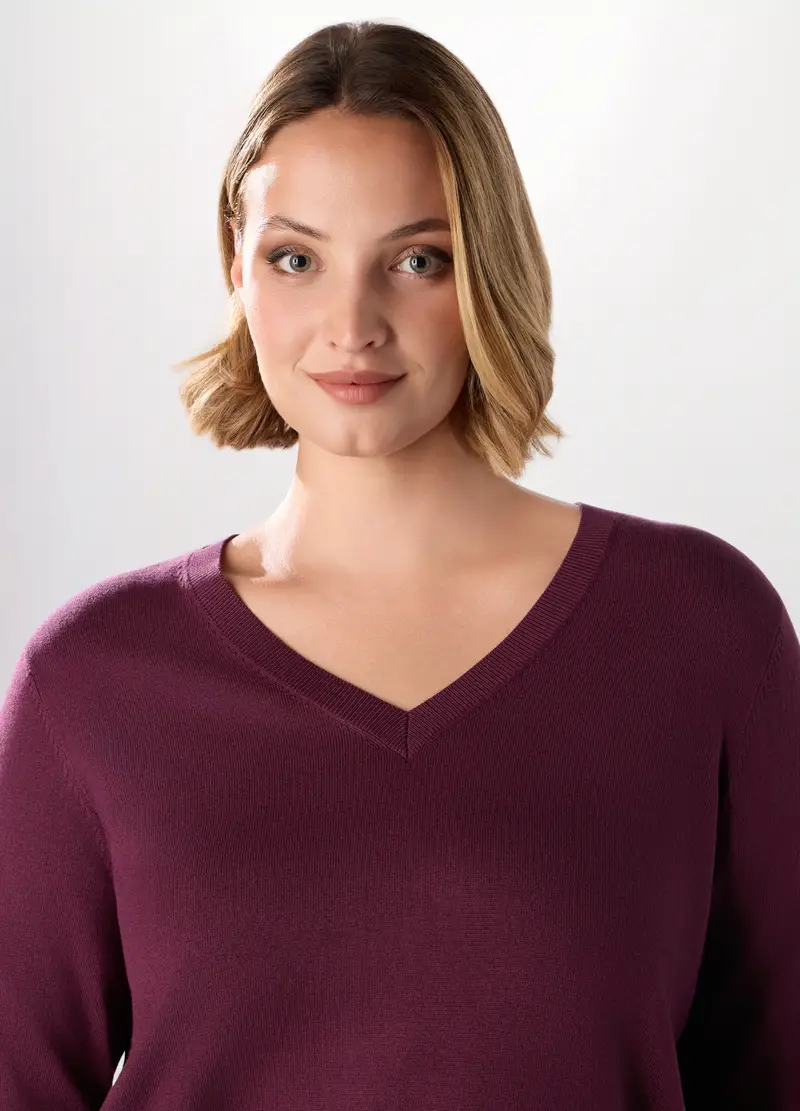 Pullover Con Scollo A V Donna Curvy, Rosso bordeaux miniatura 3