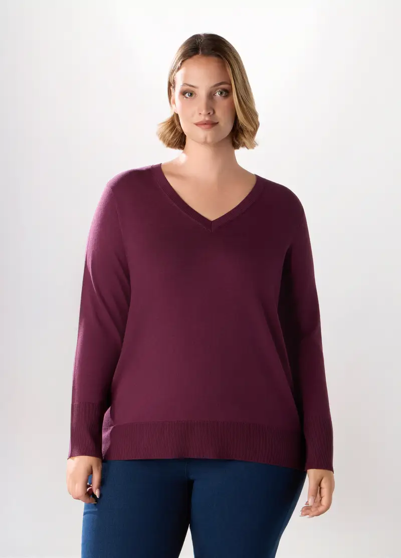 Pullover Con Scollo A V Donna Curvy, Rosso bordeaux